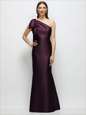 One-shoulder satin maxi dress in deep plum with bow detail and trumpet skirt