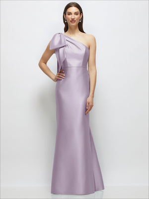 Lavender satin one-shoulder maxi dress with draped bow shoulder and trumpet skirt.