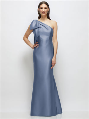 Sky blue satin one-shoulder maxi dress with draped bow detail and trumpet skirt.