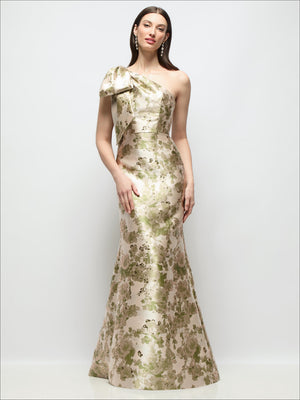 One-shoulder abstract floral jacquard maxi dress with bow detail and trumpet skirt