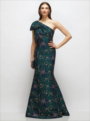 Evergreen one-shoulder metallic floral jacquard trumpet maxi dress with bow detail