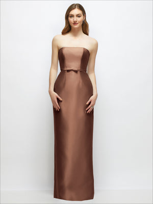 Strapless satin column dress with skinny belt and bow trim, dark brown