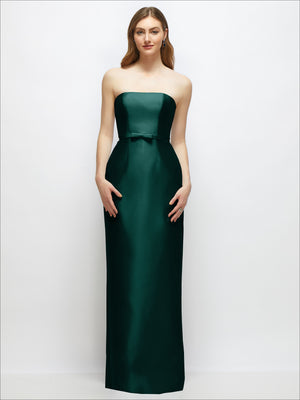 Strapless satin column dress with skinny belt and bow trim, dark green, column silhouette.