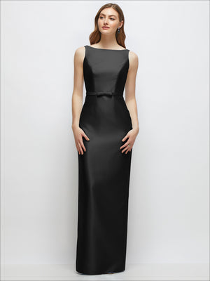Black satin column dress with bateau neckline and skinny belt with bow trim