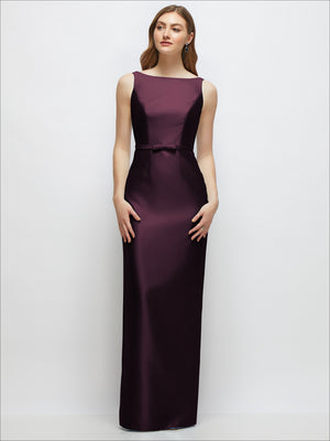 Satin column dress with bateau neckline and slim belt, dark plum