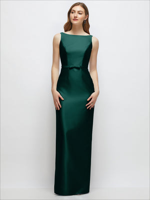 Dark green satin column dress with bateau neckline and bow-trimmed skinny belt; straight hem.