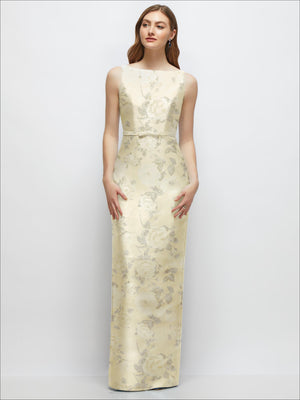 Light gold satin column dress with subtle floral print and bow-trimmed skinny belt