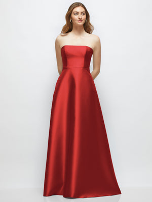 Red strapless satin gown with fitted bodice and full A-line skirt