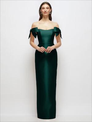 Deep green satin column maxi dress with off-the-shoulder bow sleeves