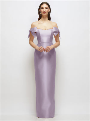 Lavender satin column maxi dress with off-the-shoulder bows and straight neckline