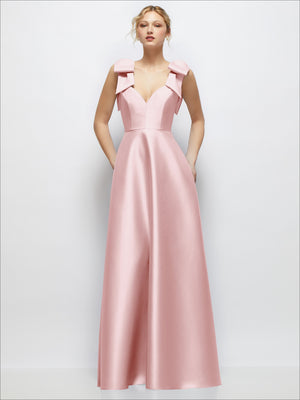 Blush satin ball gown with deep V-neckline and shoulder bow details, front view.