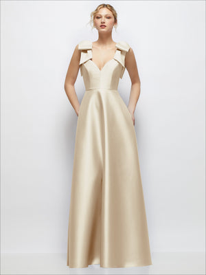 Cream satin ball gown with deep V-neck and shoulder bow details