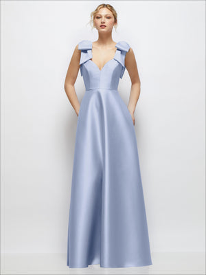Satin ball gown with deep V-neck and shoulder bows, sleeveless, periwinkle blue