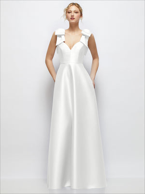 Ivory satin ball gown with deep V-neck and tied shoulder bows, front view.