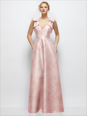 Deep V-neck floral satin ball gown with shoulder bows, pink, sleeveless