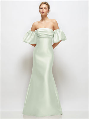 Light green satin off-shoulder maxi dress with puff sleeves and fitted bodice