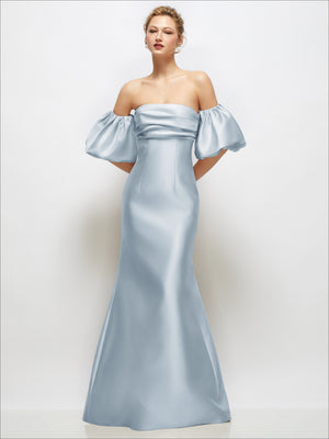 Light blue off-shoulder satin maxi dress with puff sleeves and fitted waist