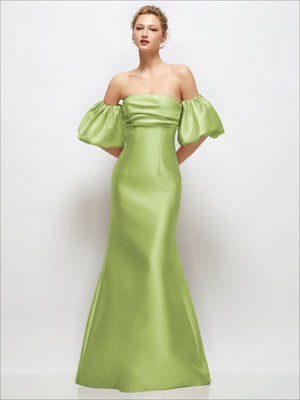 Light green satin off-shoulder maxi dress with puff sleeves and flared skirt