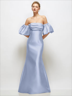 Light blue off-shoulder satin maxi dress with puff sleeves and flared skirt