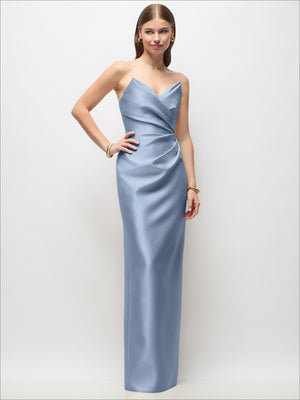 Light blue satin strapless column maxi dress with asymmetric wrap detail and draped waist