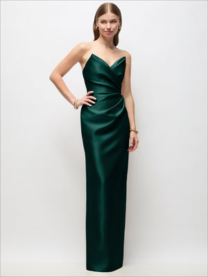 Strapless draped satin column maxi dress in dark green with gathered drape at bust and slit.