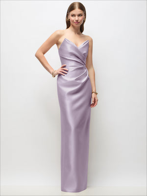 Lilac strapless asymmetrical draped satin column maxi dress
