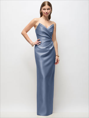 Blue strapless asymmetrical draped satin column maxi dress with side ruching