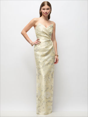 Cream yellow strapless satin maxi dress with asymmetrical draped bodice and floral print
