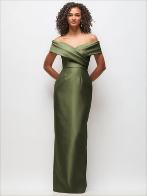 Light green satin off-the-shoulder column maxi dress with draped wrap neckline
