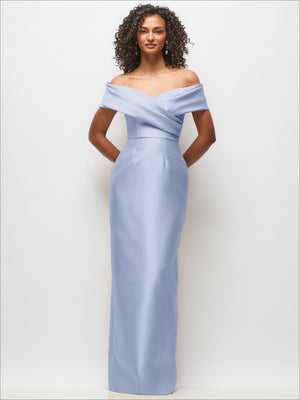 Light blue satin off-shoulder draped wrap maxi dress with column skirt