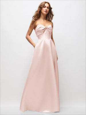Pale pink strapless satin maxi dress with twisted bodice and full A-line skirt