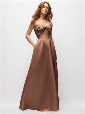 Brown strapless satin maxi dress with twisted bust and full A-line skirt