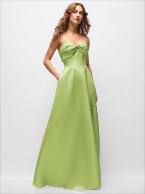 Light green satin strapless maxi dress with twisted bust bow, basque waist, full skirt