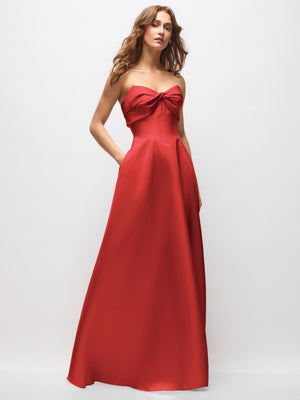 Strapless satin maxi dress in red with twisted bust detail, basque waist, full skirt