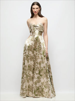 Strapless maxi dress in cream with olive abstract floral jacquard, full gathered skirt