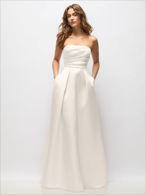 Ivory strapless satin maxi dress with hand-pleated bodice and full pleated skirt, front view