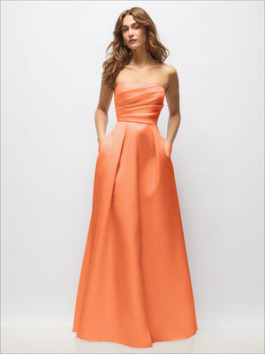 Peach orange strapless satin maxi dress with ruched bodice and full pleated skirt