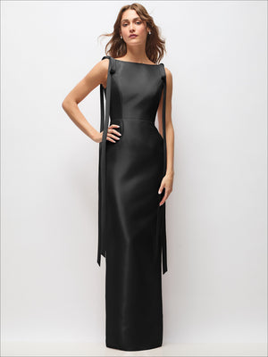 Black satin column maxi dress with bateau neckline and long tie straps at the sides