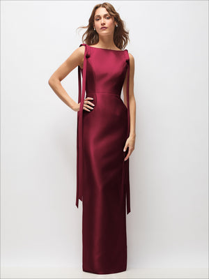 Burgundy satin column maxi dress with boat neck and exaggerated tail bow straps