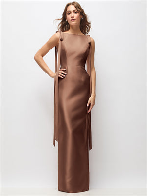 Satin column maxi dress in dark brown with bateau neckline and long tail bow straps