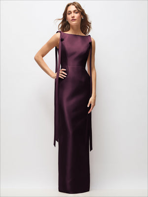 Burgundy satin column maxi dress with bateau neckline and long bow strap tails