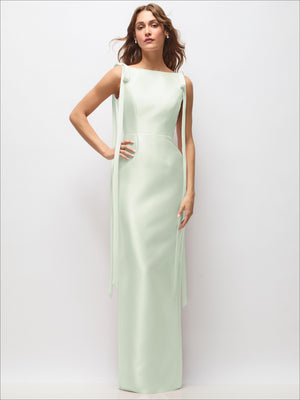 Mint satin column maxi dress, bateau neckline, exaggerated tail bow straps