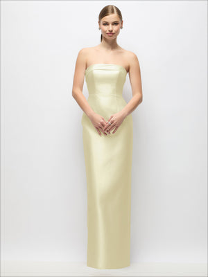 Cream strapless satin maxi dress with fitted bodice and column skirt, back bow detail