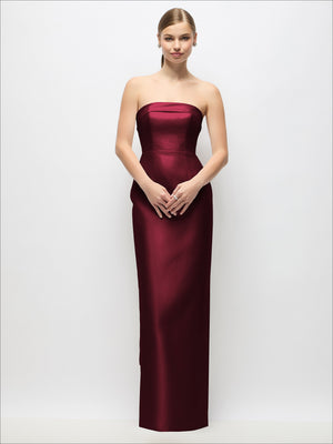 Burgundy strapless satin maxi dress with fitted column skirt and back bow detail