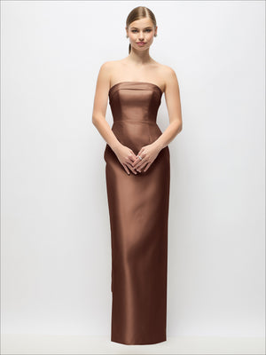 Cognac brown strapless satin maxi dress with column skirt and fitted bodice