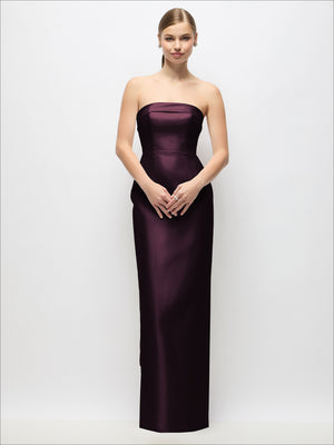 Burgundy strapless satin maxi dress with column skirt and sweetheart neckline