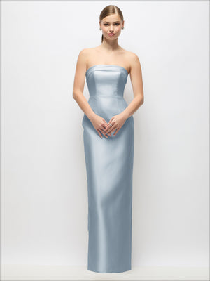 Strapless satin maxi dress, light blue front view with fitted column skirt