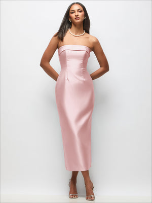 Satin strapless midi dress with cuff detail and column skirt in dusty rose pink