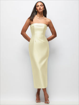 Strapless satin midi dress in pale yellow with cuff-style top and straight column fit