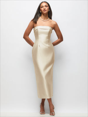 Ivory strapless satin midi dress with cuffed top and column skirt